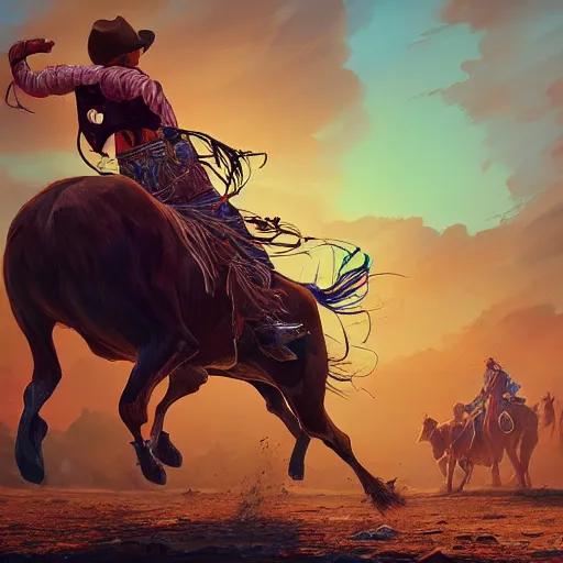 Image similar to cowboys chasing cattle, colorful, dramatic lighting, detailed, intricate, elegant, highly detailed, digital painting, artstation, concept art, smooth, sharp focus, illustration