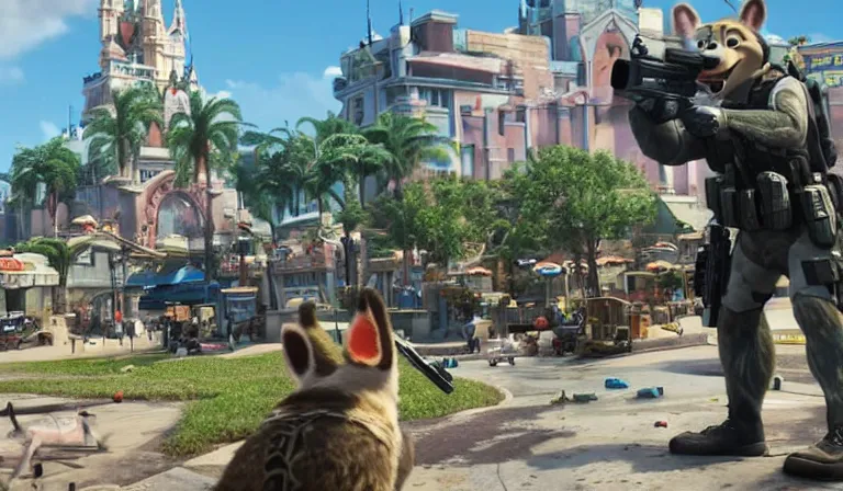 Prompt: screen shot of Call of Duty : Disney, in Zootopia city, Cute and colorful cityscape, Gun at bottom of screen, Pixar Digital Movies