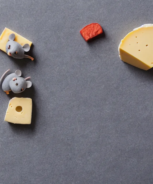 Prompt: high quality presentation photo of cute anthropomorphic grey mice eating cheese, photography 4k f1.8 anamorphic bokeh 4k Canon Nikon