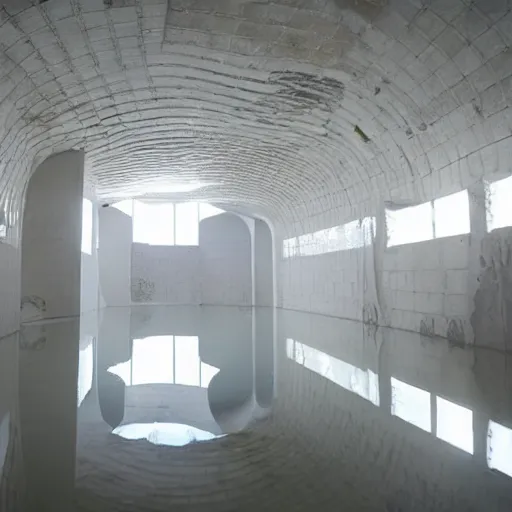 Prompt: photo of a vast interior space of irregular rooms and corridors, bizarre architecture. ceramic white tiles on all the walls. the floor is flooded with one meter deep water. eerie