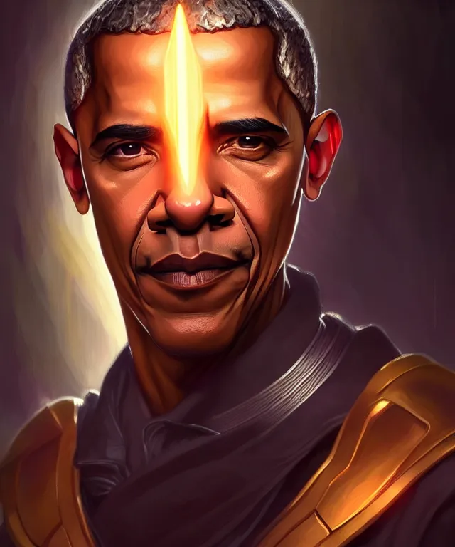 Image similar to Obama as a fantasy magic man portrait, sci-fi, amber eyes, face, fantasy, intricate, elegant, highly detailed, digital painting, artstation, concept art, smooth, sharp focus, illustration, art by artgerm and greg rutkowski and alphonse mucha