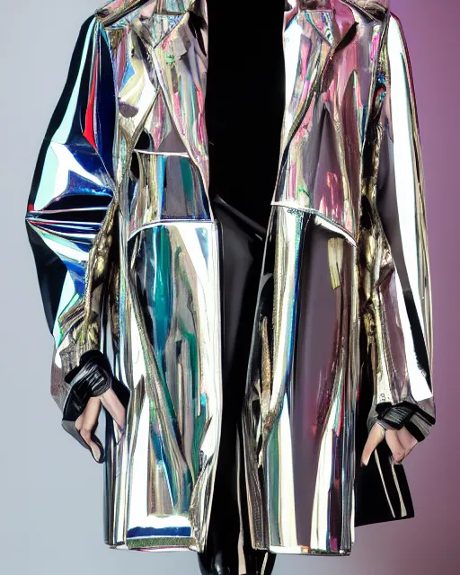 Image similar to an award winning fashion photograph of Balenciaga's techno jacket by Catherine Opie and Demna Gvasalia, cyberpunk, futuristic, Bladerunner 2049, dazzle camouflage!, chromatic, pearlescent, prismatic, dayglo pink, dayglo blue