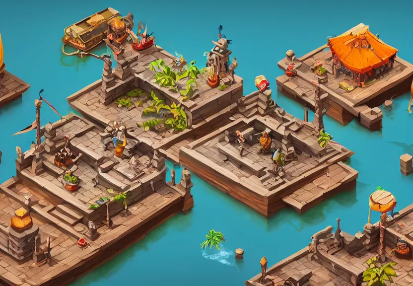 Image similar to isometric 3 d game level, based on pirate kings, with detailed, clean, cartoon, octane render, unreal engine, artgerm, artstation