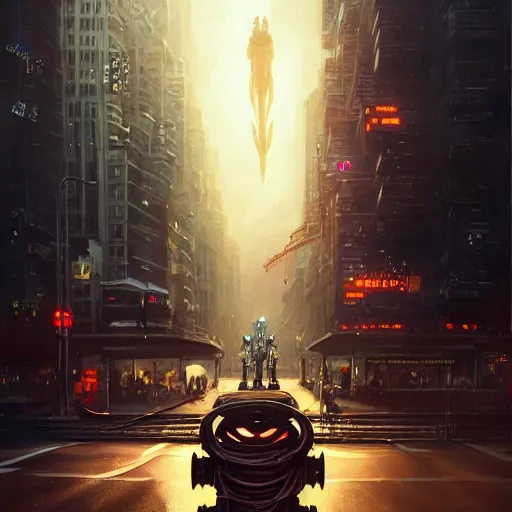 Prompt: detailed intricate digital illustration by greg rutkowski and artgerm and wlop and sanford robinson gifford ; terrifying monster robot looms over city intersection ; 1 3 mm film, arri alfa anamorphic lens ; sharp focus ; golden hour, trending on artstation 8 k