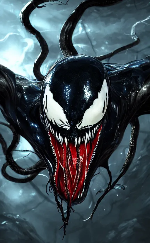 Image similar to venom as the scariest flash, dynamic lighting, fantasy concept art, trending on art station, stunning visuals, creative, cinematic, ultra detailed, ray tracing, sun rays, hyper realistic