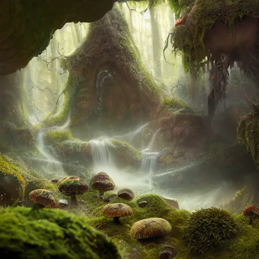 Prompt: tom bagshaw, mythical cavern, soft painting render curiosities carnival pond vegetation rocks gigantic mushrooms and tentacles covered moss luminescent wisps, stunning waterfall, accurate features, focus, very intricate ultrafine details, random volumetric lighting, fog, award winning masterpiece, octane render 8 k hd, artstation
