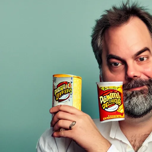 Image similar to Dan Harmon holding a Pringles can