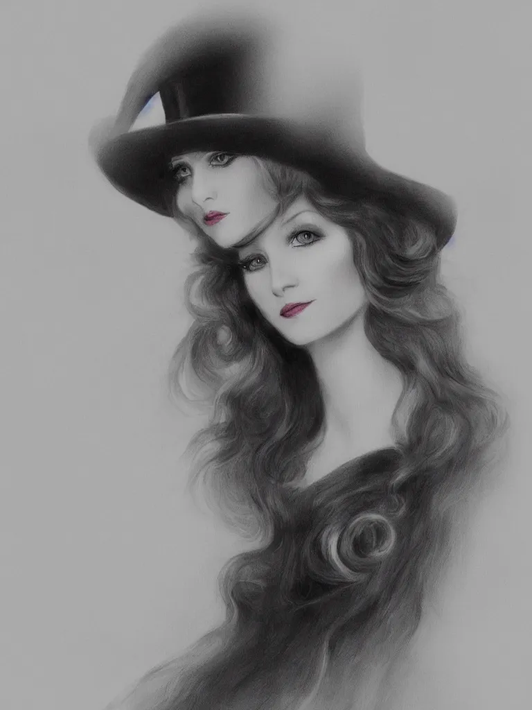 Image similar to Close up portrait of an elegant long haired lady wearing a gentleman suit and tophat in anime style, highly detailed, matte painting, noir, 70s, americana, photorealistic, ethereal ghostly atmosphere