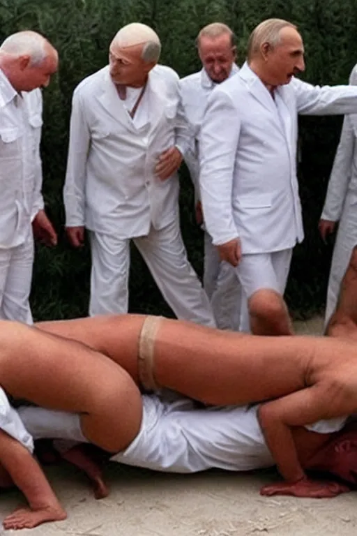 Prompt: human centipede with lukashenko putin gaddafi in roles