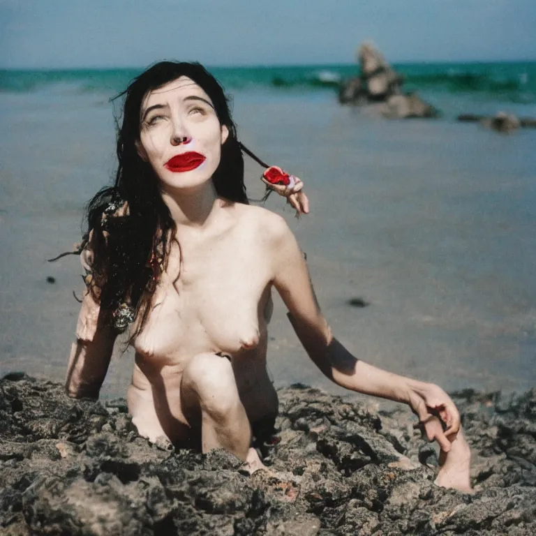 Prompt: portrait of an ancient vampire queen enjoying a day at the beach, 35mm photography