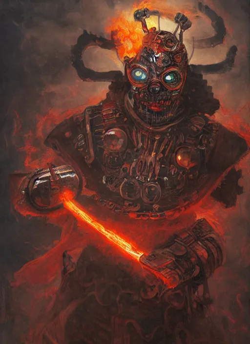 Prompt: portrait of a diabolical cyborg clown samurai on fire, wearing burning torn cape, dynamic pose, glowing eyes, post apocalyptic ancient ruins, glowing veins subsurface scattering, in clouds, sunset, portrait, by gerald brom, by mikhail vrubel, by peter elson, muted colors, extreme detail, reflections, trending on artstation, 8 k