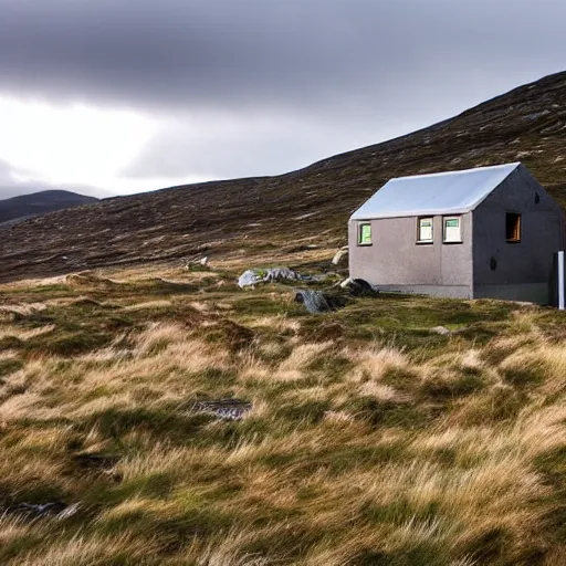 Prompt: remote bothy nestled in the folds of the Cairngorm mountains