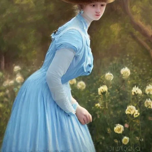 Prompt: portrait painting of a lady in a light blue dress 1 9 0 0 s, garden, photorealistic, extreme detail, sharp focus, 8 k, intricate, hyper detailed, realistic, cinematic lighting