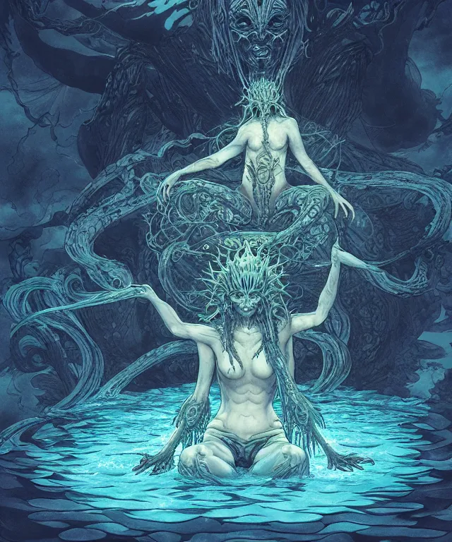 Image similar to a water demon meditating and floating, centered composition, crisp 8 k line art, digital painting, artstation, unreal engine, octane render, emissive lighting, concept art, matte, sharp focus, hyper realistic lighting, illustration, art by junto ito and takato yamamoto and philippe druillet