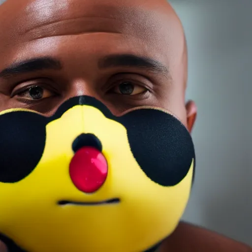 Image similar to a bald black man with a pikachu hat, close up