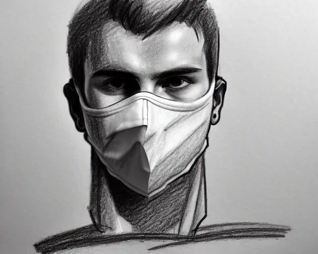 Image similar to draft drawing of a european young man covering face with fabric mask, draft sketch, trending on artstation, context art, pencil sketch, high detail