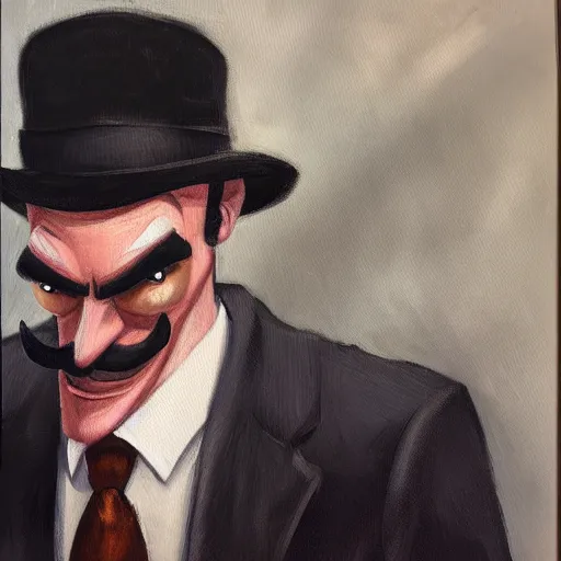 Image similar to waluigi as a mobster, highly detailed, oil painting,