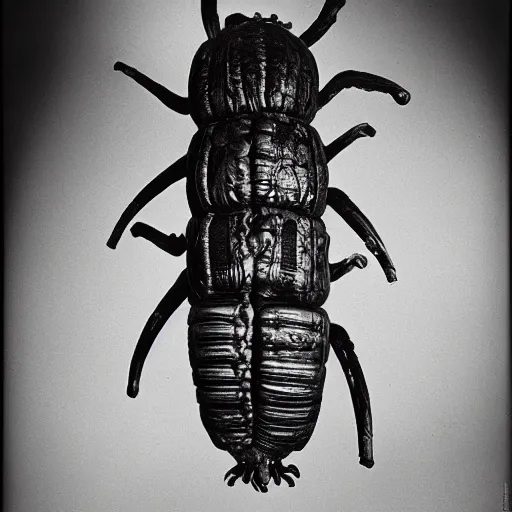 Prompt: the very hungry caterpillar by h. r. giger, black and white photograph, medium format film