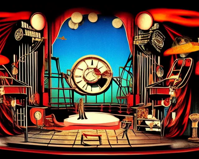 Prompt: photo of a theater stage with cut out collage, film noir, break of dawn on Jupiter, steam punk party, classic roman mythology, tropical plants, steam punk grafitti, painted part by moebius, part by Art Spiegelman , composition by Ed Wood, Jr., written by Jules Verne, bad VHS quality, digital errors