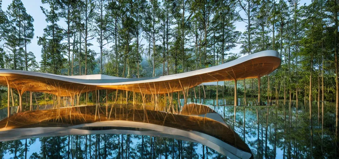 Prompt: curved roof planes lift and descend creating shade and architectural expression, highly detailed, situated in the forest, next to a highly reflective lake, marble, vivid color, high resolution photography, mist, luxury