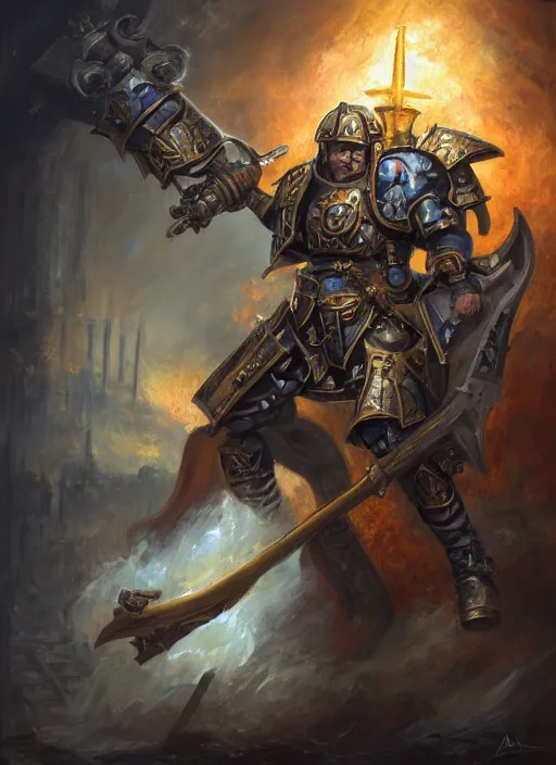 Image similar to John TotalBiscuit Bain dressed as a Warhammer 40k paladin, by Ivan Aivakovsky, by Boris Vallejo, epic fantasy character art, D&D Concept Art, full length, Realistic, Regal, Refined, Detailed Digital Art, Oil Paining, Exquisite detail, post-processing, masterpiece, Cinematic Lighting, Unreal Engine, 8k, HD