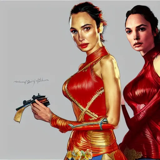 Image similar to lindsey pelas and gal gadot wearing a red kebaya, digital painting, artstation, concept art, sharp focus, illustration, art by artgerm and greg rutkowski and alphonse mucha