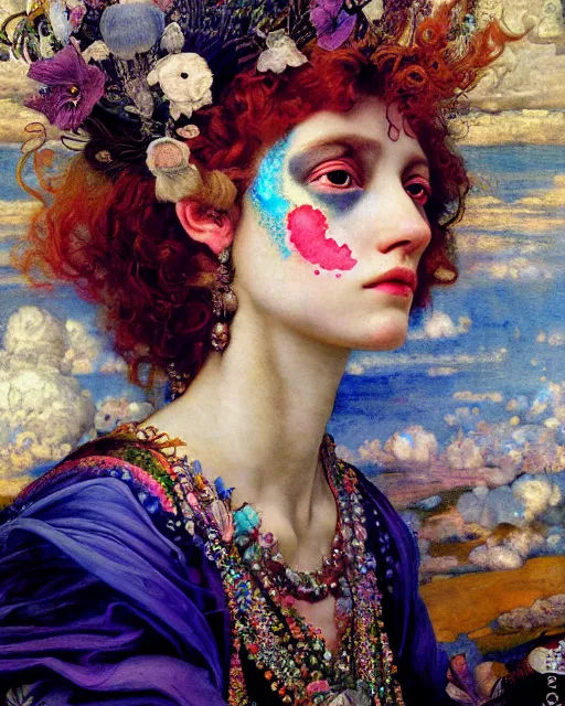 Image similar to a beautiful girl in the clouds wearing colourful face paint surrounded by colourful intricate patterns, by edgar maxence and caravaggio and michael whelan, intricate painting, hyper realistic, extremely detailed and beautiful aesthetic face, 8 k resolution