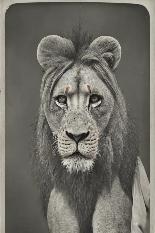 Prompt: a wet plate photo of an anthropomorphic mean looking lion king