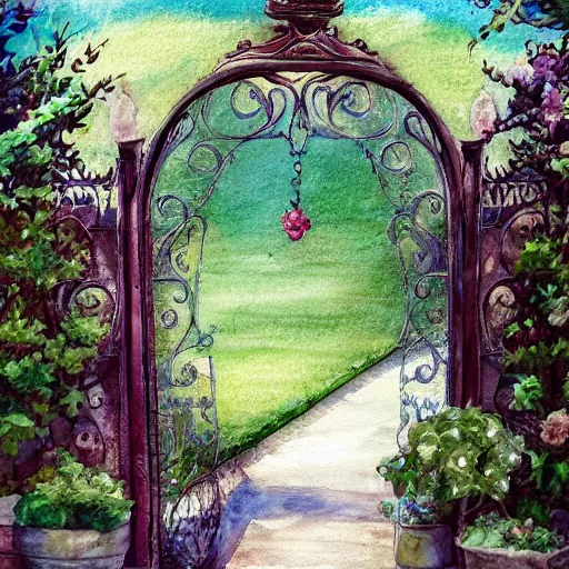 Image similar to delicate queen, chairs, garden, paved, botanic watercolors, iridescent, 8 k, realistic shaded, fine details, artstation, italian, iron gate, tree, mediterranean, marvelous