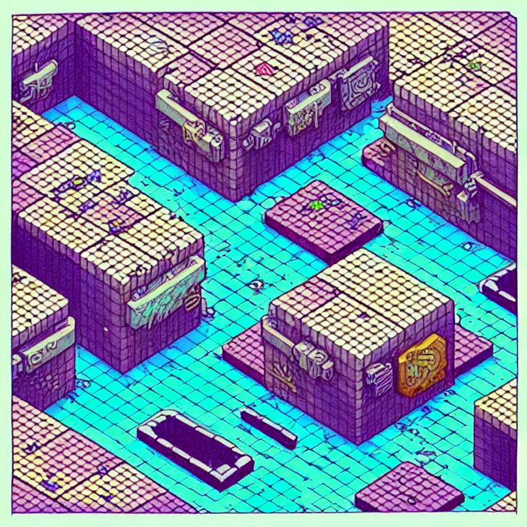 Prompt: an absurdly-detailed isometric cyberpunk alleyway colored-pen drawing as a fancy square tile. Sea-life in a submerged-city.