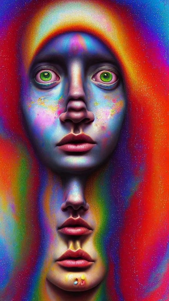 Image similar to hyperrealistic abstract close-up female portrait Renaissance psychedelic!! celestial happy! pure creature!! peaceful! kind spirit of nature! beautiful fractal!! eyes! highly detailed concept art eric zener elson peter cinematic hard rainbow lighting high angle hd 8k sharp shallow depth of field endless, inspired by Zdzisław Beksiński Salvador Dali