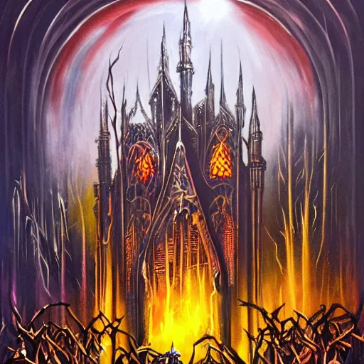 Prompt: metal band performing live on stage, gothic style with lights and large sound speakers, by Megan Duncanson and Raphael Lacoste, detailed 3d gothic oil painting