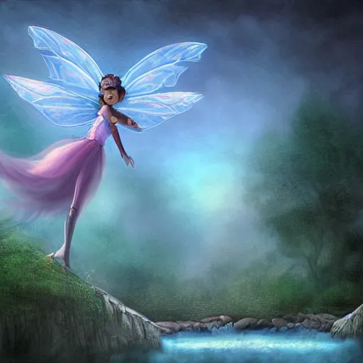 Image similar to evil fairy flying over a river, digital art, fantasy, light