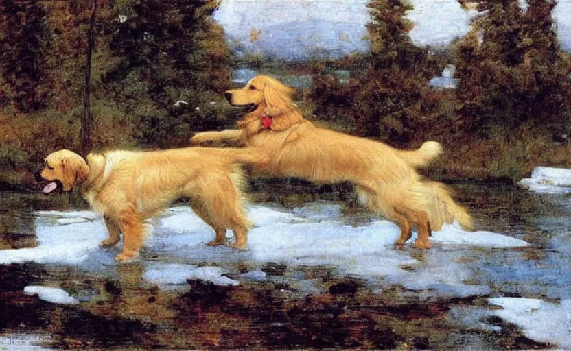 Image similar to a golden retriever walking though Siberia painted by John William Waterhouse