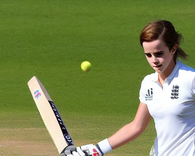 Image similar to emma watson opens the batting for england at lord's cricket ground, sports photography, close up, clear face