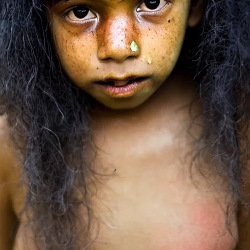 Image similar to a professional photo of a sri lankan jungle girl, black hair, light freckled skin and a look of panic on face. extremely high fidelity. key light.