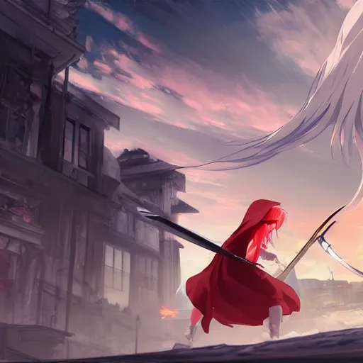 Image similar to advanced digital anime art, white haired girl with a red hooded cloak holding a 5 feet scythe fighting the Grimm reaper in a ruined city, filmic lighting , by Makoto Shinkai. —W 1920 —H 1080