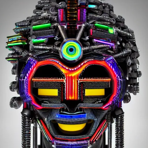 Prompt: a glossy claymodel of a cyberpunk aztec futuristic robot head, top of the head is made of gears and multicolored glowing tubes, eyes are multicolored lamps, 8 k, front shot, symetrical, flourescent colors, halluzinogenic, multicolored, insanely detailed, 3 d render, octane