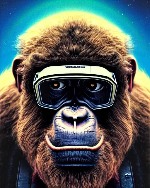 Prompt: winston the ape from overwatch, square brim glasses, character portrait, portrait, close up, concept art, intricate details, highly detailed, vintage sci - fi poster, retro future, in the style of chris foss, rodger dean, moebius, michael whelan, and gustave dore