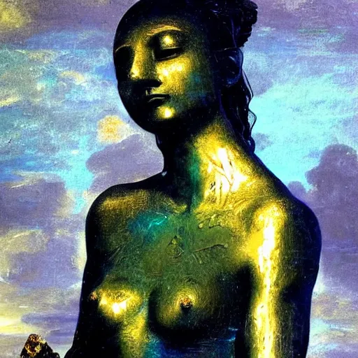 Image similar to art by camille corot, zeng fanzhi, teal chinese abstract shattered statue standing in god rays, beautiful female body and golden glue dripping acrylic portrait, mechanical superstructure, sacred geometry, supermodel body, beautiful light, statue of carving marble, intricate 8 k render, dark mood, cinematic light, golden spirals, clockwork