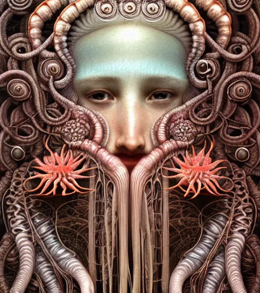 Prompt: hyperrealistic detailed underwater face portrait of the beautiful god of the jellyfish with an intricate headgear of corals, sea kelp, sea plants, fish, starfish, jellyfish, art by ernst haeckel, victor ngai, john william godward, android jones, neo - gothic - cyberpunk, ornamental, beautiful deep colours,