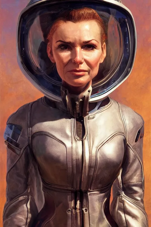 Prompt: upper body head portrait of scifi beautiful extraterrestrial mature woman leather spacesuit, cinematic, detailed, dynamic, norman rockwell, adebanji alade, everett raymond kinstler, artgerm, daniel gerhartz, greg rutkowski, 5 0 s pulp science fiction illustration