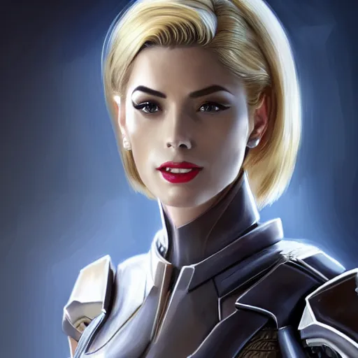 Image similar to A combination of Ada Wong's and Grace Kelly's and Ashley Greene's appearances with blonde hair wearing Spartan Vale's armor from Halo, high tech, action shot, angular, full body portrait, futuristic, fantasy, intricate, elegant, highly detailed, digital painting, artstation, concept art, matte, sharp focus, illustration, 8K, art by Donato Giancola and James Gurney