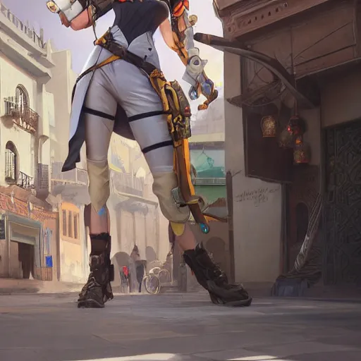 Image similar to portrait of tracer from overwatch travels in marrakech streets, morocco, palm trees, mosque, highly detailed, digital painting, artstation, concept art, smooth, sharp focus, illustration, art by artgerm and greg rutkowski and alphonse mucha