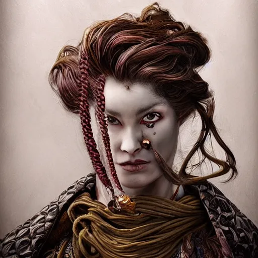 Image similar to portrait of a Shibari rope wrapped face and neck, headshot, insanely nice professional hair style, dramatic hair color, digital painting, of a old 15th century, old cyborg merchant, amber jewels, baroque, ornate clothing, scifi, realistic, hyperdetailed, chiaroscuro, concept art, art by Franz Hals and Jon Foster and Ayami Kojima and Amano and Karol Bak,