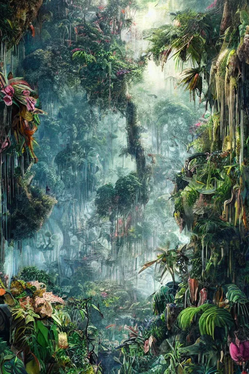 Image similar to the beauty of the jungle painted by mahmoud farshchian, mia brownell, very detailed, maximalism, ambient occlusion, volumetric light, atmospheric haze, hyper realism, cyberpunk shading, cinematic composition, realistic render, photorealistic, wide shot