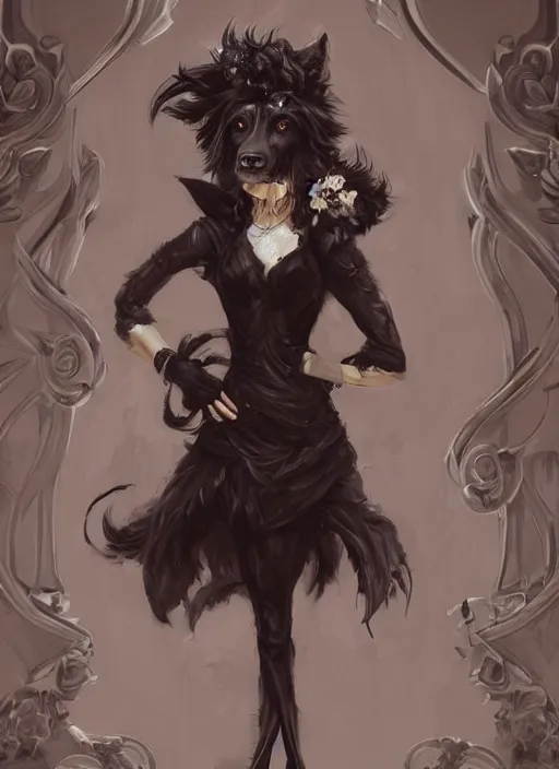 Image similar to wide angle beautiful full body portrait of a strong male anthropomorphic anthro border collie fursona wearing an ornate black dress and standing in a courtyard, character design by charlie bowater, henry asencio, and ross tran, furry art, furaffinity, beautiful, glamor pose, detailed, aesthetic, trending on artstation