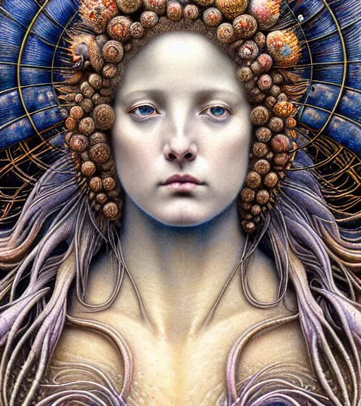 Image similar to detailed realistic beautiful nerite goddess face portrait by jean delville, gustave dore, iris van herpen and marco mazzoni, art forms of nature by ernst haeckel, art nouveau, symbolist, visionary, gothic, neo - gothic, pre - raphaelite, fractal lace, intricate alien botanicals, ai biodiversity, surreality, hyperdetailed ultrasharp octane render