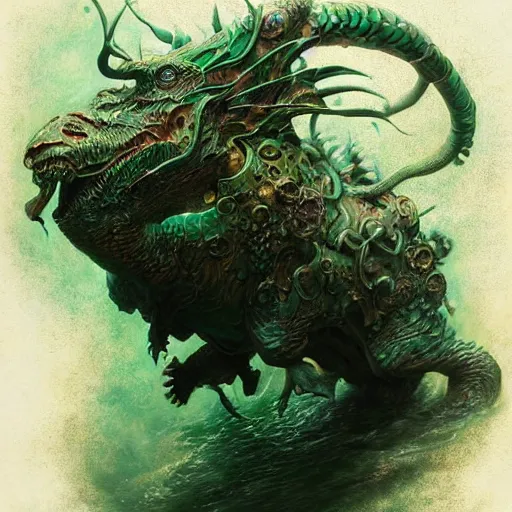 Image similar to a stunning detailed 3d matte portrait of a bulette with green plated carapace, male, standing in a maelstrom, by ellen jewett, by tomasz alen kopera, by Justin Gerard, ominous, magical realism, texture, gills, intricate, whirling smoke, alchemist bottles, radiant colors, fantasy, dungeons and dragons, dnd, volumetric lighting, high details