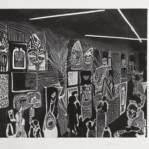 Image similar to A black and white screen print of gallery exhibition view from the 60s, anthropology, colonial, wild, exotic, masks, ethnography, screen printing